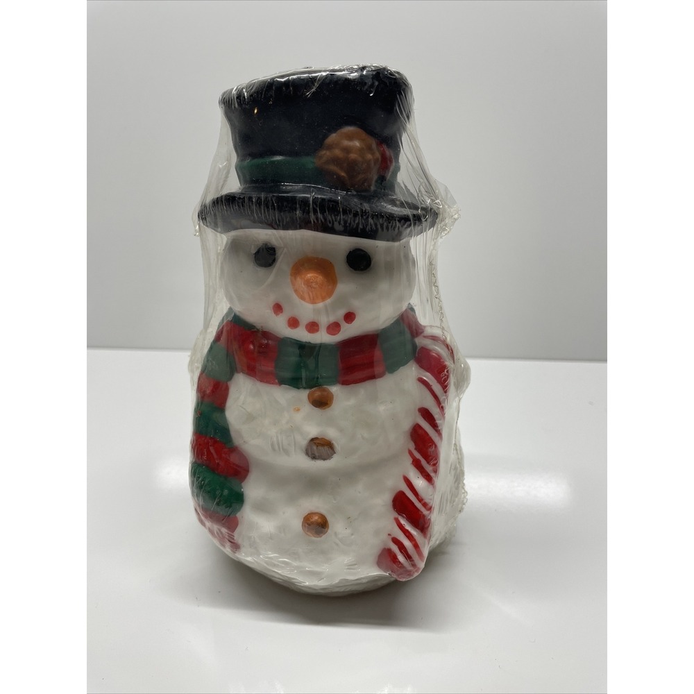 Christmas Snowman w/ Candy Cane Wax Candle Decoration Never Burned Large VTG? 7"